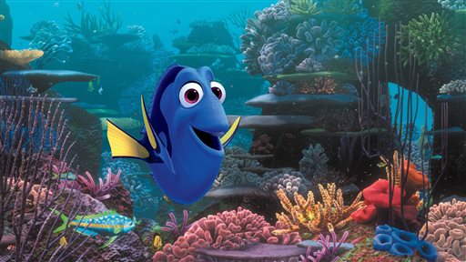 This image released by Disney shows the character Dory, voiced by Ellen DeGeneres, in a scene from "Finding Dory." The Pixar sequel far-surpassed the already Ocean-sized expectations to take in $136.2 million, according to comScore estimates Sunday, June 19, 2016. AP