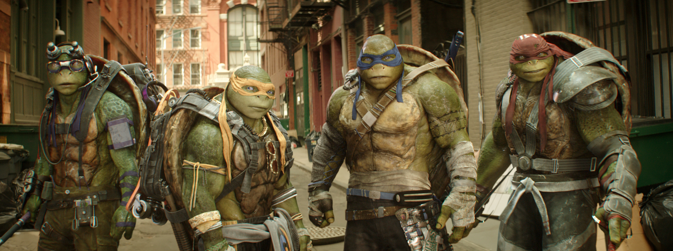 This image released by Paramount Pictures shows, from left, Donatello, Michelangelo, Leonardo and Raphael in a scene from "Teenage Mutant Ninja Turtles: Out of the Shadows." The movie opened to $35.3 million according to comScore estimates Sunday, June 5, 2016, close to half of what the first film opened to in 2014. (Lula Carvalho/Paramount Pictures via AP)