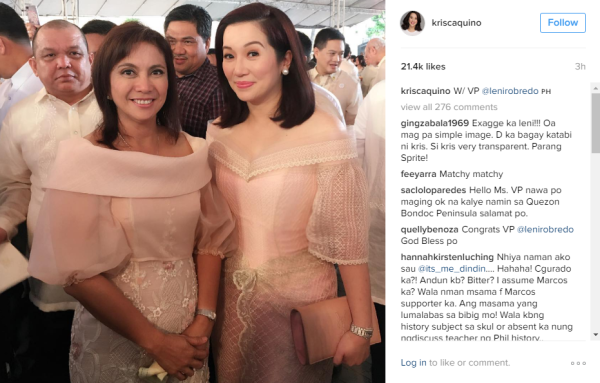 Kris Aquino, the biggest donor to Leni Robredo's campaign, poses for a photo with the newly sworn-in vice president. SCREENGRAB FROM AQUINO'S INSTAGRAM ACCOUNT.