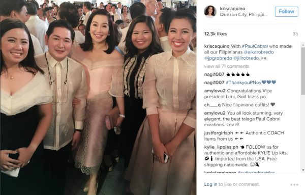 Kris Aquino poses for a photo with the daughters of Vice President Leni Robredo and designer Paul Cabral, the man behind their outfits during Robredo's inauguration. SCREENGRAB FROM AQUINO'S INSTAGRAM ACCOUNT