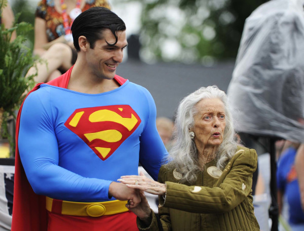 FILE - In this June 11, 2010, file photo, Noel Neill, who played Lois Lane, jokes with Josh Boultinghouse, the official superman of the Superman Celebration, during an unveiling of the Lois Lane/ Noel Neill statue in Metropolis, Ill. The actress who was the first to play Superman's love interest, Lois Lane, on screen has died. Neill was 95. Neill's biographer Larry Ward tells The Associated Press that she died Sunday, July 3, 2016, at her home in Tucson, Ariz., following a long illness. (Stephen Rickerl/The Southern Illinoisan via AP, File) MANDATORY CREDIT