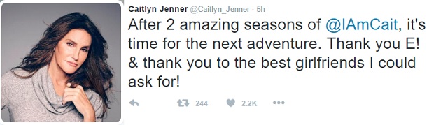 Caitlyn Jenner thanks her 'girlfriends' at E! as her docuseries 'I Am Cait' is canceled due to poor ratings. SCREENGRAB FROM CAITLYN JENNER TWITTER PAGE @Caitlyn_Jenner