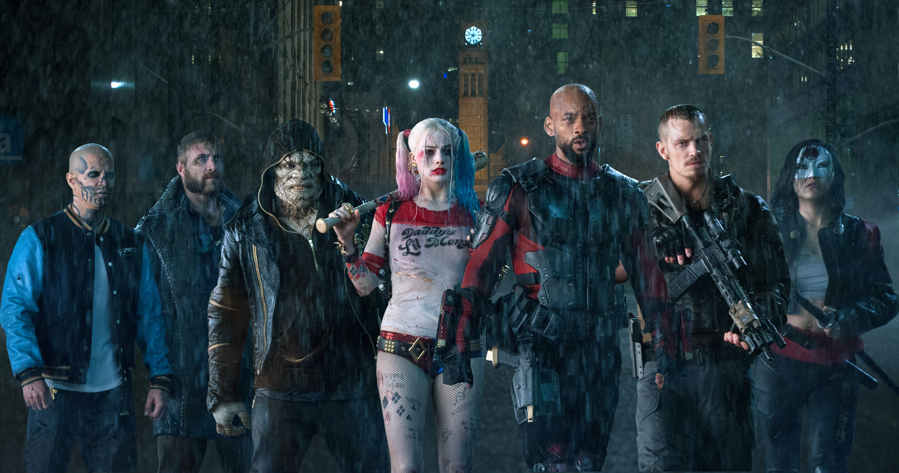 This image released by Warner Bros. Pictures shows, from left, Jay Hernandez as Diablo, Jai Courtney as Boomerang, Adewale Akinnuoye-Agbaje as Killer Croc, Margot Robbie as Harley Quinn, Will Smith as Deadshot, Joel Kinnaman as Rick Flag and Karen Fukuhara as Katana in a scene from "Suicide Squad." (Clay Enos/Warner Bros. Pictures via AP)