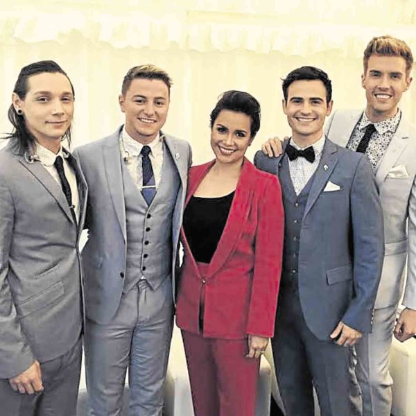 THE AUTHOR with Collabro (from left): Thomas Leak, Matt Pagan, Michael Auger and Jamie Lambert     FACEBOOK PHOTO
