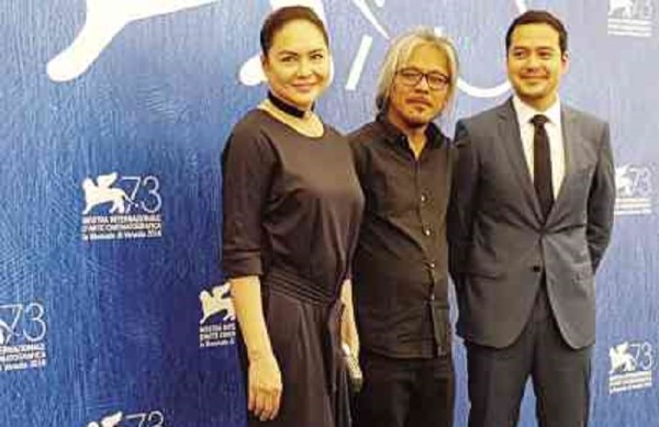 CHARO Santos, Lav Diaz (center) and John Lloyd Cruz at the press con before the premiere           Ronald Arguelles