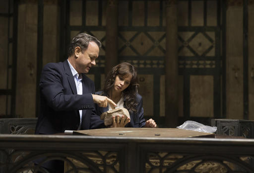In this file image released by Sony Pictures, Tom Hanks, left, and Felicity Jones appear in a scene from, "Inferno." Tom Hanks and Ron Howard’s latest Dan Brown adaptation, “Inferno,” went up in flames at the weekend box office, allowing Tyler Perry’s “Boo! A Madea Halloween” a surprise victory. AP