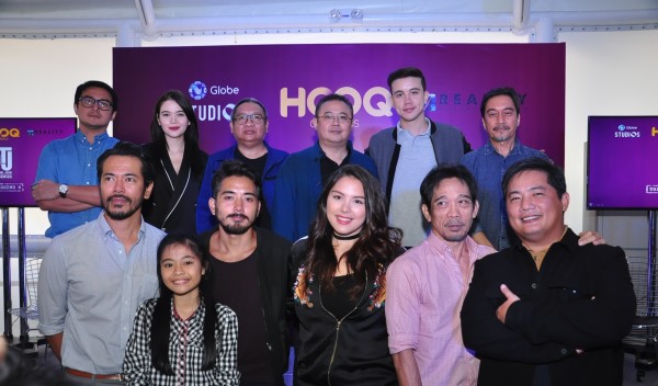 With director Erik Matti (third from left, back row) and producer Dondon Monteverde (fourth from left, back row) aresSome of the cast members of “OTJ: The Series”. They are (back row, from left) Dominic Ochoa, Bela Padilla, Arjo Atayde (second from right) and Teroy Guzman (rightmost, back row); Front row, from left are Jake Macapagal, Nafa Hilario Cruz (the little girl), Renz Fernandez, Ria Atayde, an unidentified personality and Smokey Manaloto. CONTRIBUTED PHOTO