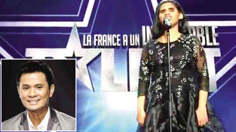 Blind Filipino singer Alienette Coldfire (aka Katchry Golbin) made it to “France Got Unbelievable Talent” with the help of Ogie Alcasid (left) and Solenn Heussaff.