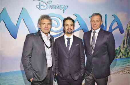 From left, Walt Disney Studios chair Alan Hom, songwriter Lin-Manuel Miranda and Walt Disney Company CEO Robert Iger —Jesse Grant/Getty Images
