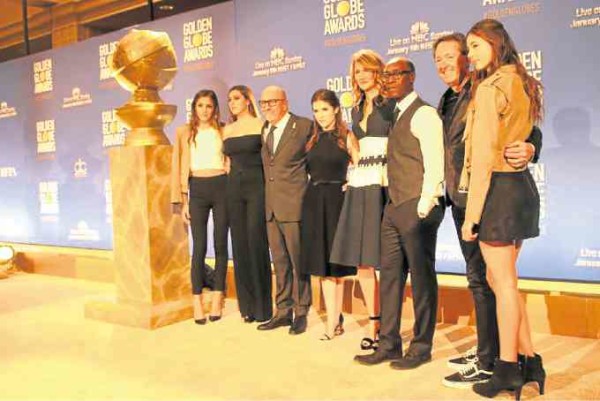 From left: Sistine Stallone, Sophia Stallone, HFPA president Lorenzo Soria, Anna Kendrick, Laura Dern, Don Cheadle, dick clark productions executive vice president Barry Adelman and Scarlet Stallone