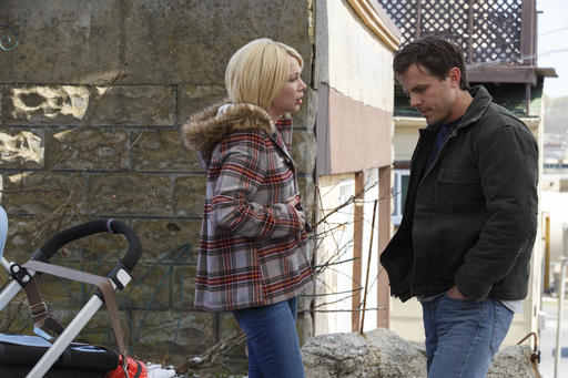 This image released by Roadside Attractions and Amazon Studios shows Michelle Williams, left, and Casey Affleck in a scene from "Manchester By The Sea." Williams was nominated for an Oscar for best  supporting actress on Tuesday, Jan. 24, 2017,  for her work in the film. The 89th Academy Awards will take place on Feb. 26. (Claire Folger/Roadside Attractions and Amazon Studios via AP)