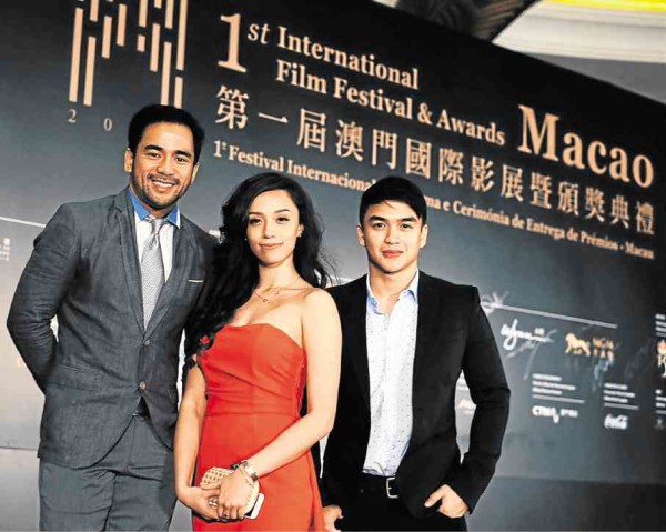 Neil Ryan Sese (left), Phoebe Walker and Dominic Roque in Macau 