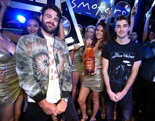Alex Pall (L) and Andrew Taggart of The Chainsmokers attend their kick-off of their three-year Wynn Nightlife residency at XS Nightclub in Las Vegas on January 6, 2017 in Las Vegas, Nevada.   David Becker/Getty Images for Wynn Las Vegas/AFP