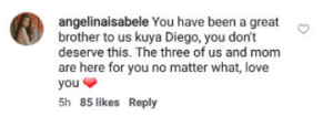 Screen grabbed from Angelina Isabelle Montano's comment on Diego Loyzaga's IG post. 