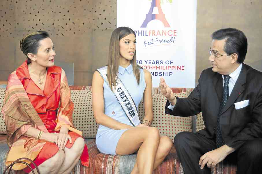 New Miss Universe Iris Mittenaere (center) met  with Ambassador Thierry Mathou and wife Cécile Mathou on the day of her departure. —PHOTO COURTESY OF THE FRENCH EMBASSY