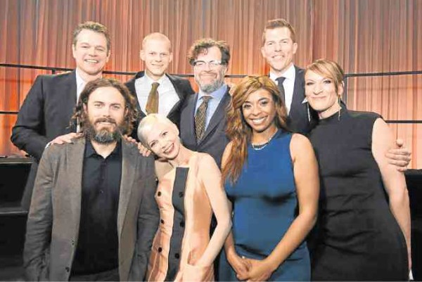 “Manchester by the Sea” nominees led by Casey Affleck (left, front row), Michelle Williams (second from left, front row), producer Matt Damon (left, back row) and director Kenneth Lonergan (second from right, back row)