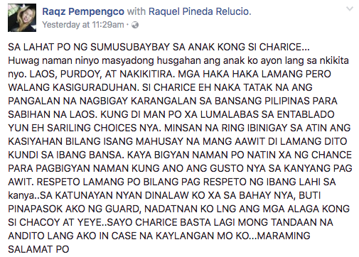 Racquel Pempengco's Facebook post about daughter Charice