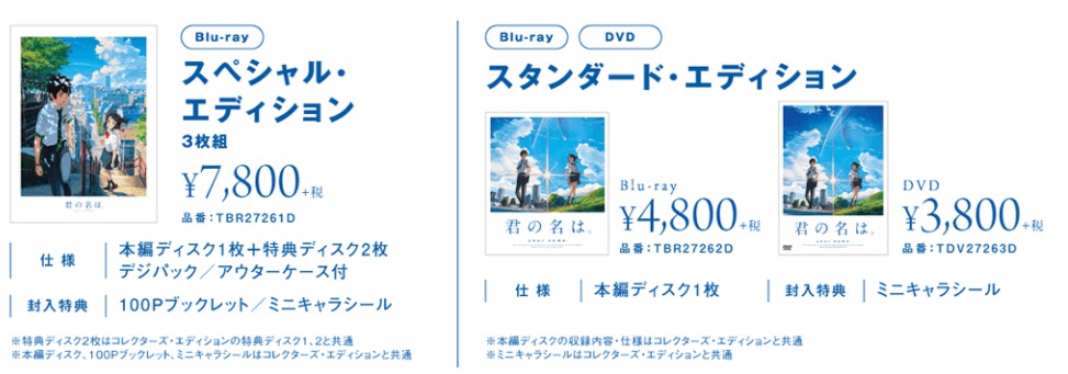Special edition and regular priced Blu-ray  and DVD. Image Kimi no Na wa Official Website
