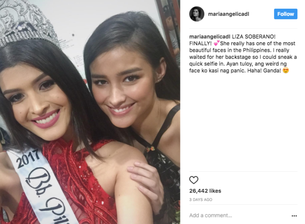 Image: Screen grab of Binibining Pilipinas International 2017 Maria Angelica "Mariel" De Leon and Liza Soberano via De Leon's Instagram