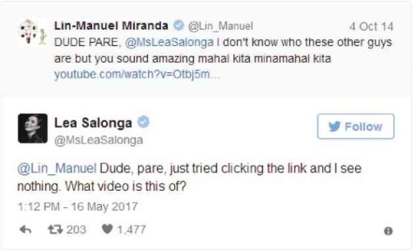 Twitter exchange between Lin-Manuel Miranda and the author