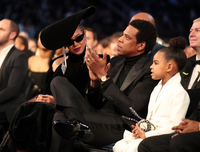 NEW YORK, NY - JANUARY 28: Recording artists Beyonce, Jay Z and daughter Blue Ivy Carter attend the 60th Annual GRAMMY Awards at Madison Square Garden on January 28, 2018 in New York City.   Christopher Polk/Getty Images for NARAS/AFP