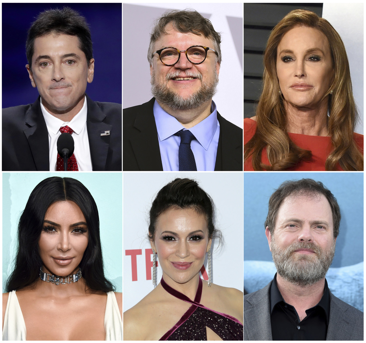 Entertainment, California, wildfires, Malibu, Lady Gaga, Martin Sheen, Kim Kardashian This combination photo shows celebrities, top row from left, Scott Baio, Guillermo del Toro, Caitlyn Jenner and bottom row from left, Kim Kardashian, Alyssa Milano and Rainn Wilson, who have been forced to evacuate their homes due to a fast-moving wildfire in Southern California