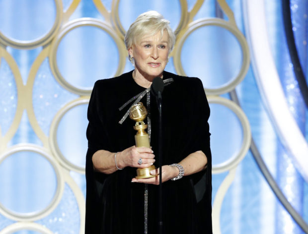 This image released by NBC shows Glenn Close accepting the award for best actress in a drama film for her role in "The Wife" during the 76th Annual Golden Globe Awards at the Beverly Hilton Hotel on Sunday, Jan. 6, 2019, in Beverly Hills, Calif. (Paul Drinkwater/NBC via AP)