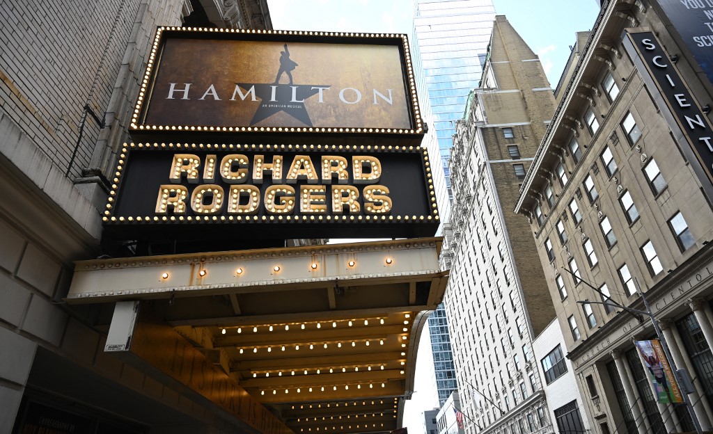 The Richard Rodgers Theatre is seen on June 6, 2019 located on 226 West 46th Street where "Hamilton", one of Broadways biggest hits, is playing in New York. - After triumphing on Broadway, the lower 48 and London's West End, "Hamilton" is eyeing its first non-English production as well as tours throughout Europe and Asia. The much-decorated musical, currently staged in London, New York and four other US cities each night, last month announced plans to launch in Sydney in early 2021 in a production expected to tour Australia before going to Asia, its producer said in an interview. (Photo by TIMOTHY A. CLARY / AFP)