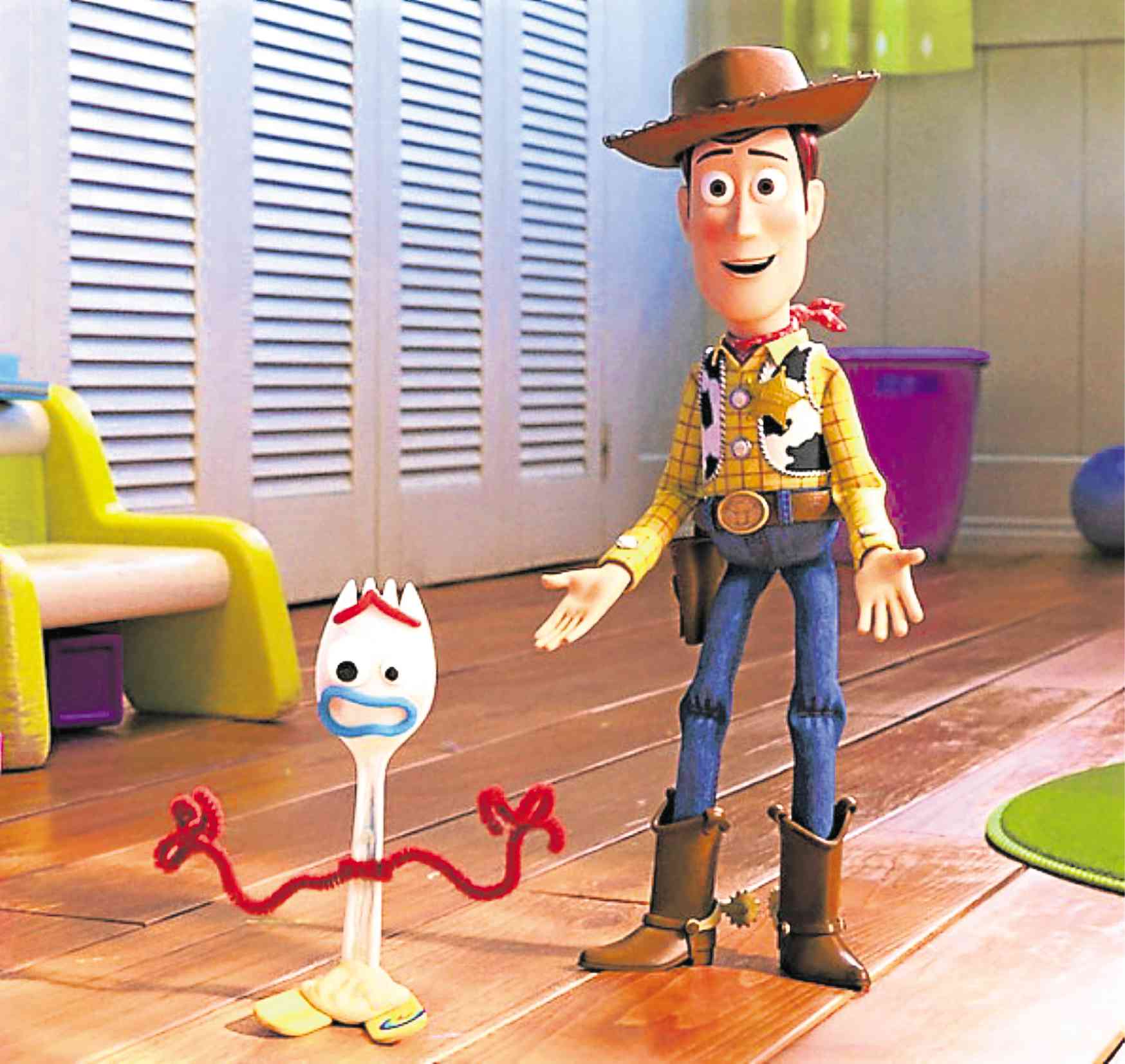 Forky (voiced by Tony Hale) left; and Woody (voiced by Tom Hanks) in "Toy...