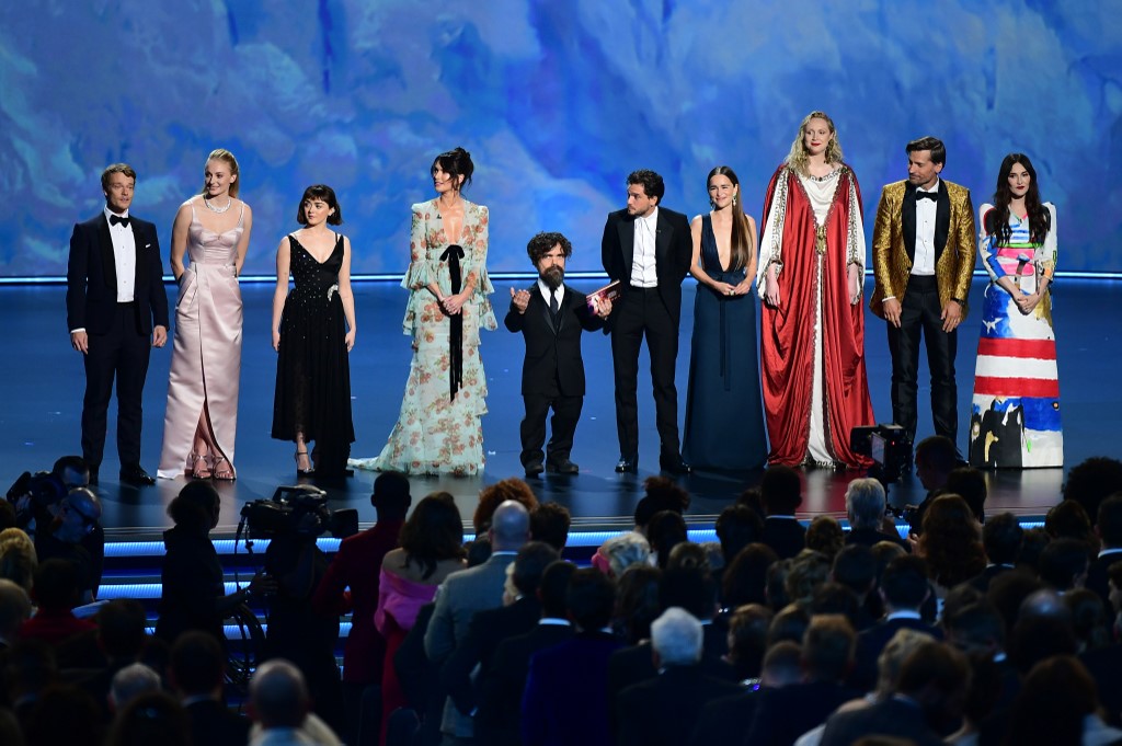 The cast of "Game of Thrones" speaks onstage during the 71st Emmy Awards at the Microsoft Theatre in Los Angeles on September 22, 2019. (Photo by Frederic J. BROWN / AFP)