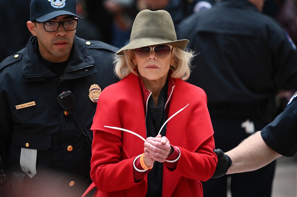 Actress and activist Jane Fonda is arrested by Capitol Police during a climate protest inside the Hart Senate office building on November 1, 2019 in Washington, DC. (Photo by Mandel NGAN / AFP)