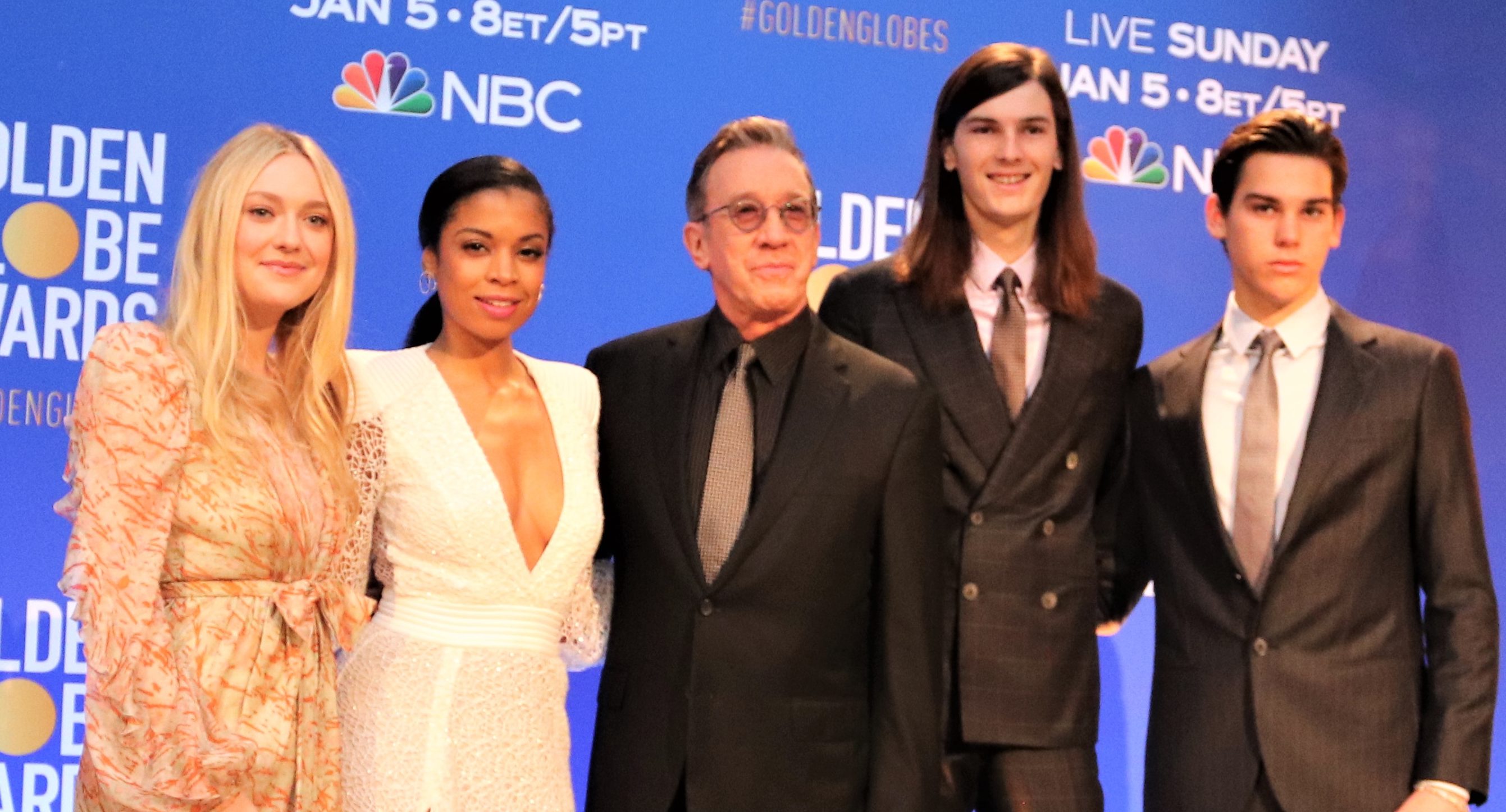 Presenters (from left) Dakota Fanning, Susan Kelechi Watson , Tim Allen with Globes ambassadors, Dylan and Paris Brosnan