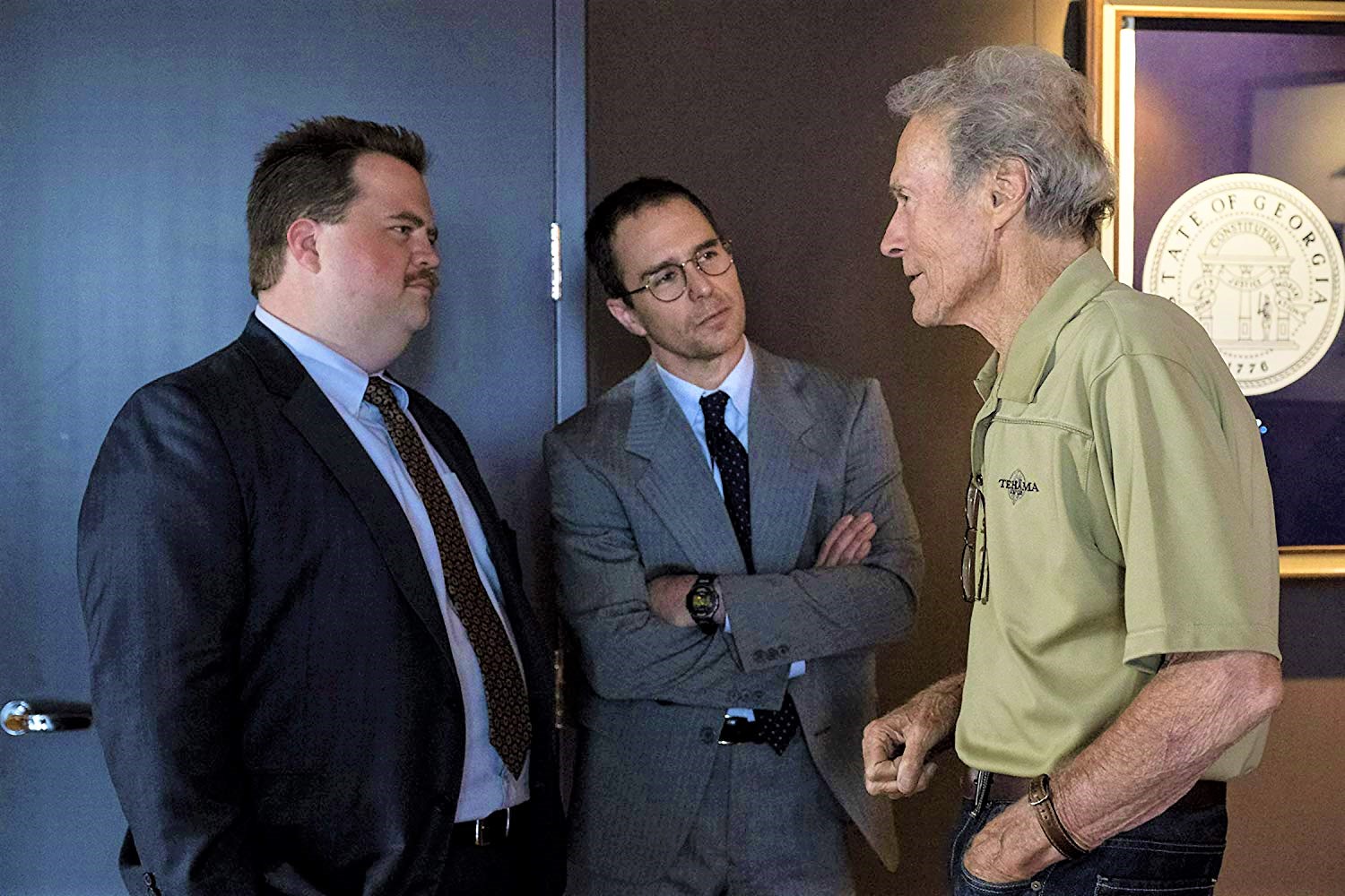 Eastwood (right) directs Hauser (left) and SamRockwell in “Richard Jewell”