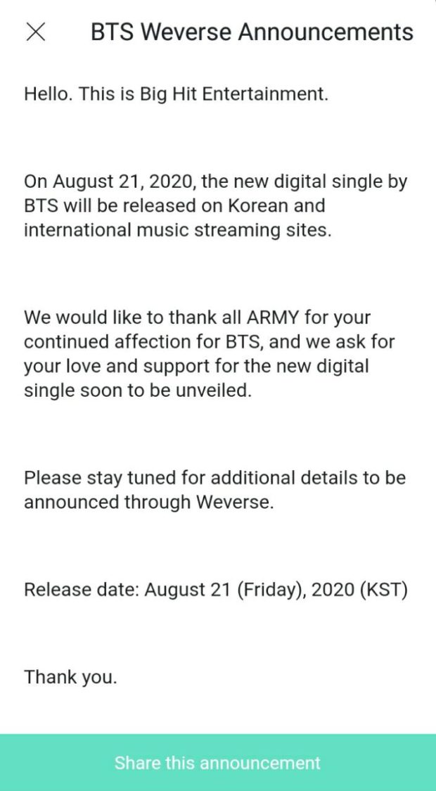 BTS reveals new all-English digital single coming in August