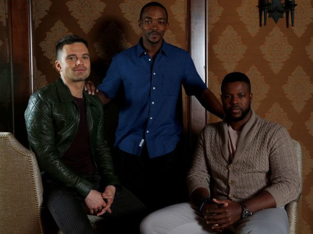 Cast members Stan, Duke and Mackie pose for a portrait while promoting the "Avengers: Infinity War" in Beverly Hills