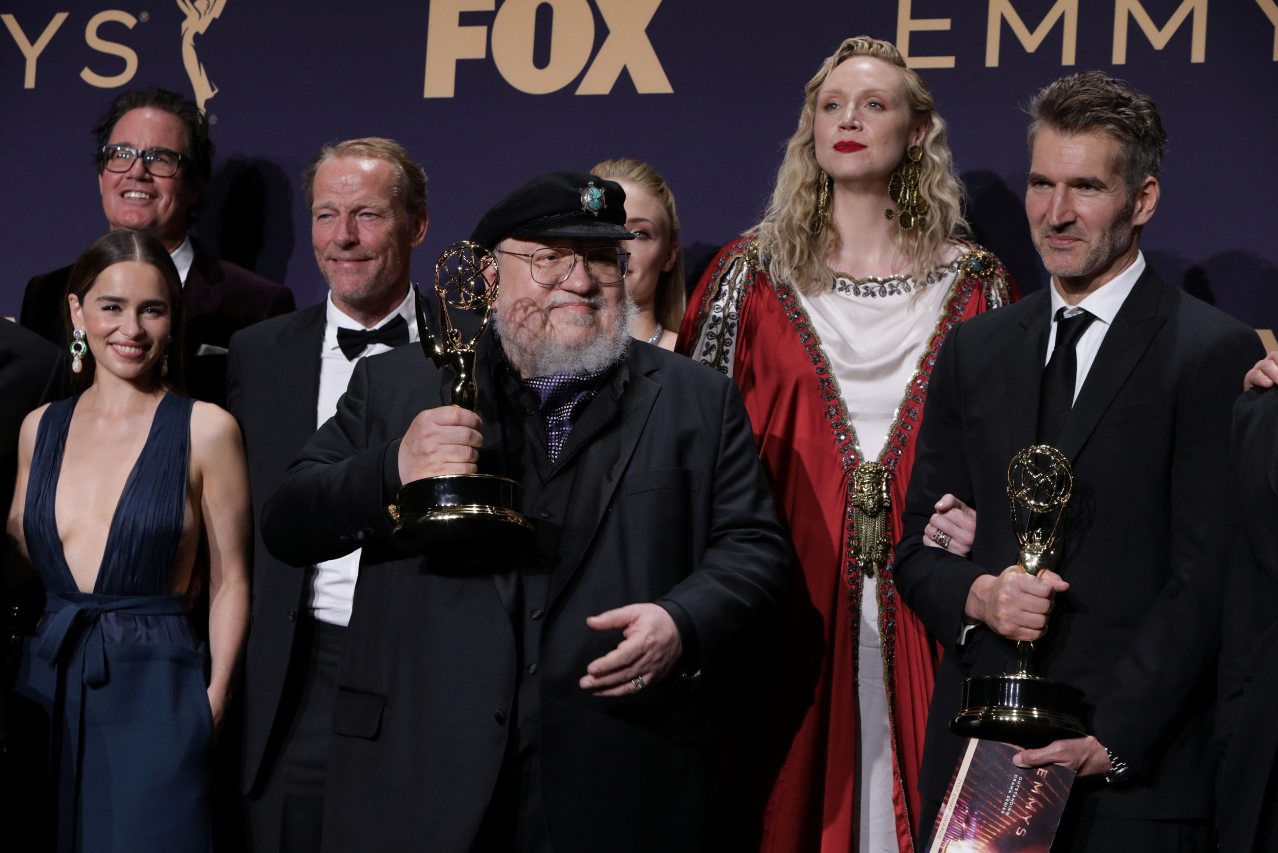 71st Primetime Emmy Awards - Photo Room – Los Angeles, California, U.S., September 22, 2019 - George R.R. Martin (C) and the cast and crew of Game of Thrones poses backstage with their award for Outstanding Drama Series. 