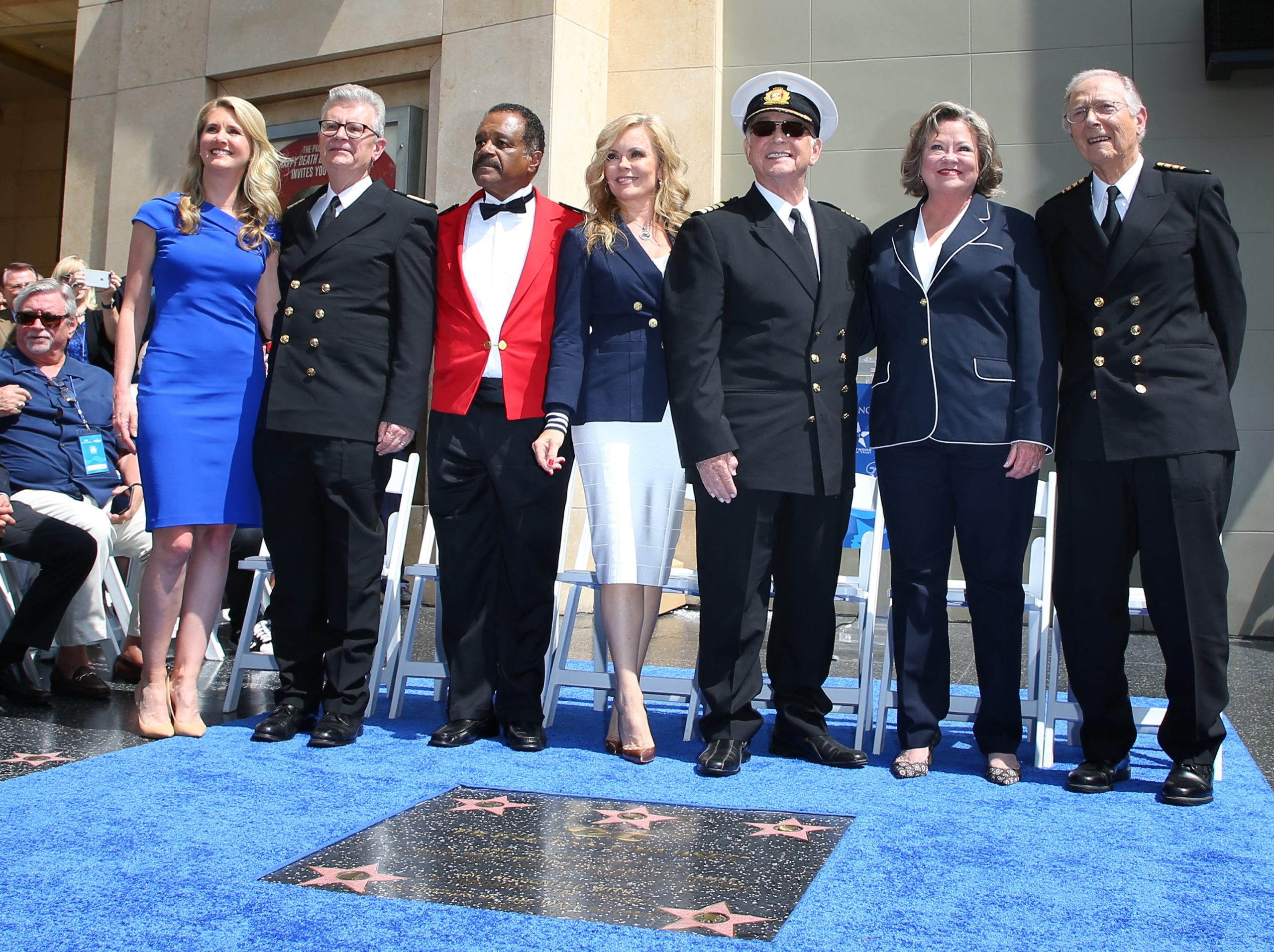 Fred Grandy, Ted Lange, Jill Whelan, Gavin MacLeod, Cynthia Tewes and Bernie Kopell attend a ceremony honoring the "The Love Boat" with the Hollywood Walk Of Fame Honorary Star Plaque on May 10, 2018 in Hollywood, California. JB Lacroix/Getty Images/AFP (Photo by Jean Baptiste Lacroix / GETTY IMAGES NORTH AMERICA / Getty Images via AFP)