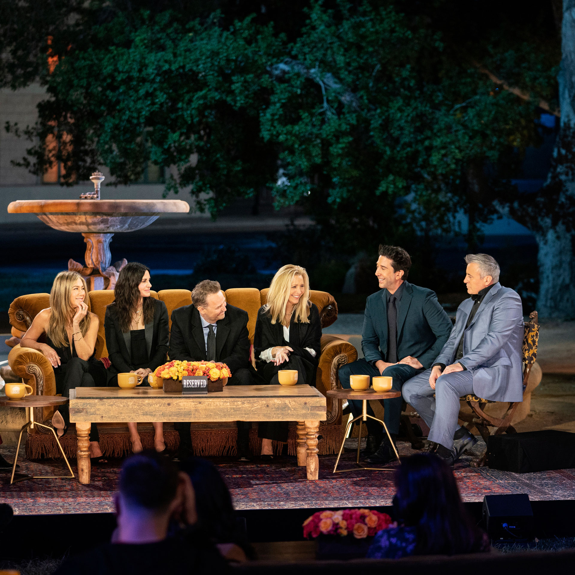 Jennifer Aniston, Courteney Cox, Matthew Perry, Lisa Kudrow, David Schwimmer and Matt LeBlanc are seen during the "Friends" reunion. Courtesy of HBO Max