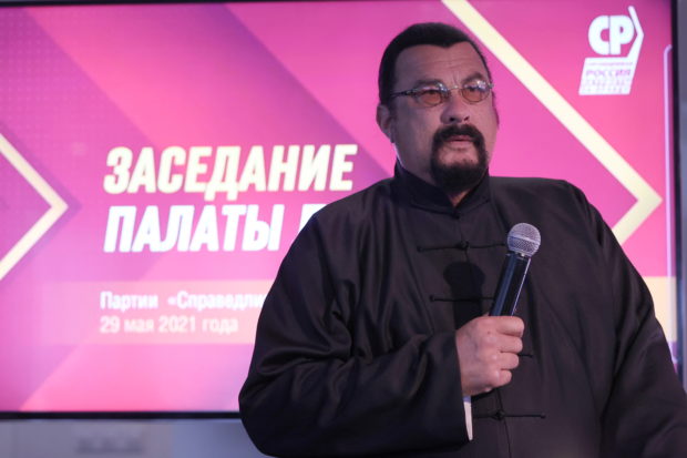 U.S. actor Steven Seagal attends a meeting of the "A Just Russia - For Truth" party in Moscow