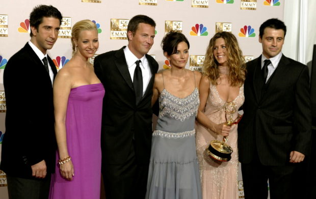 The cast of "Friends" appears in the photo room at the 54th annual Emmy Awards in Los Angeles, September 22, 2002. From the left are, David Schwimmer, Lisa Kudrow, Matthew Perry, Courteney Cox Arquette, Jennifer Aniston and Matt LeBlanc.