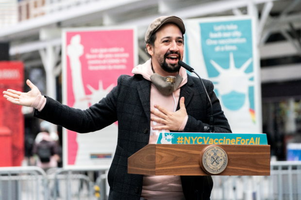 Actor Lin-Manuel Miranda speaks at the opening of the Broadway vaccination site amid coronavirus disease (COVID-19) pandemic in New York City, U.S., April 12, 2021