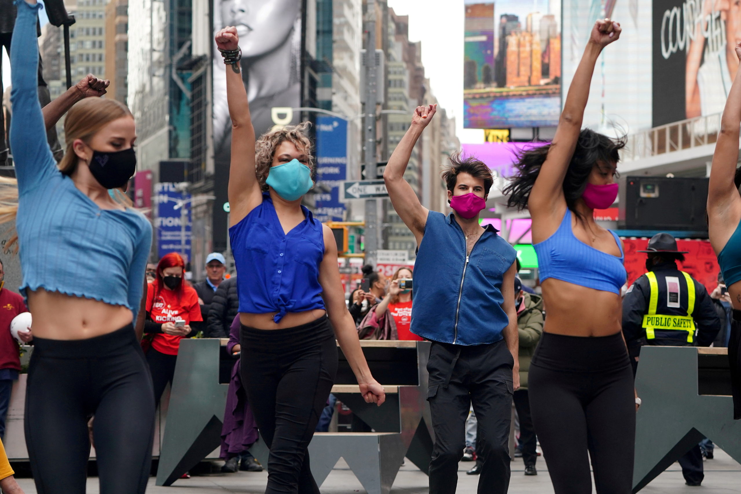 Performers take part in a pop up Broadway performance in anticipation of Broadway reopening in Times Square amid the coronavirus disease (COVID-19) pandemic in the Manhattan borough of New York City.