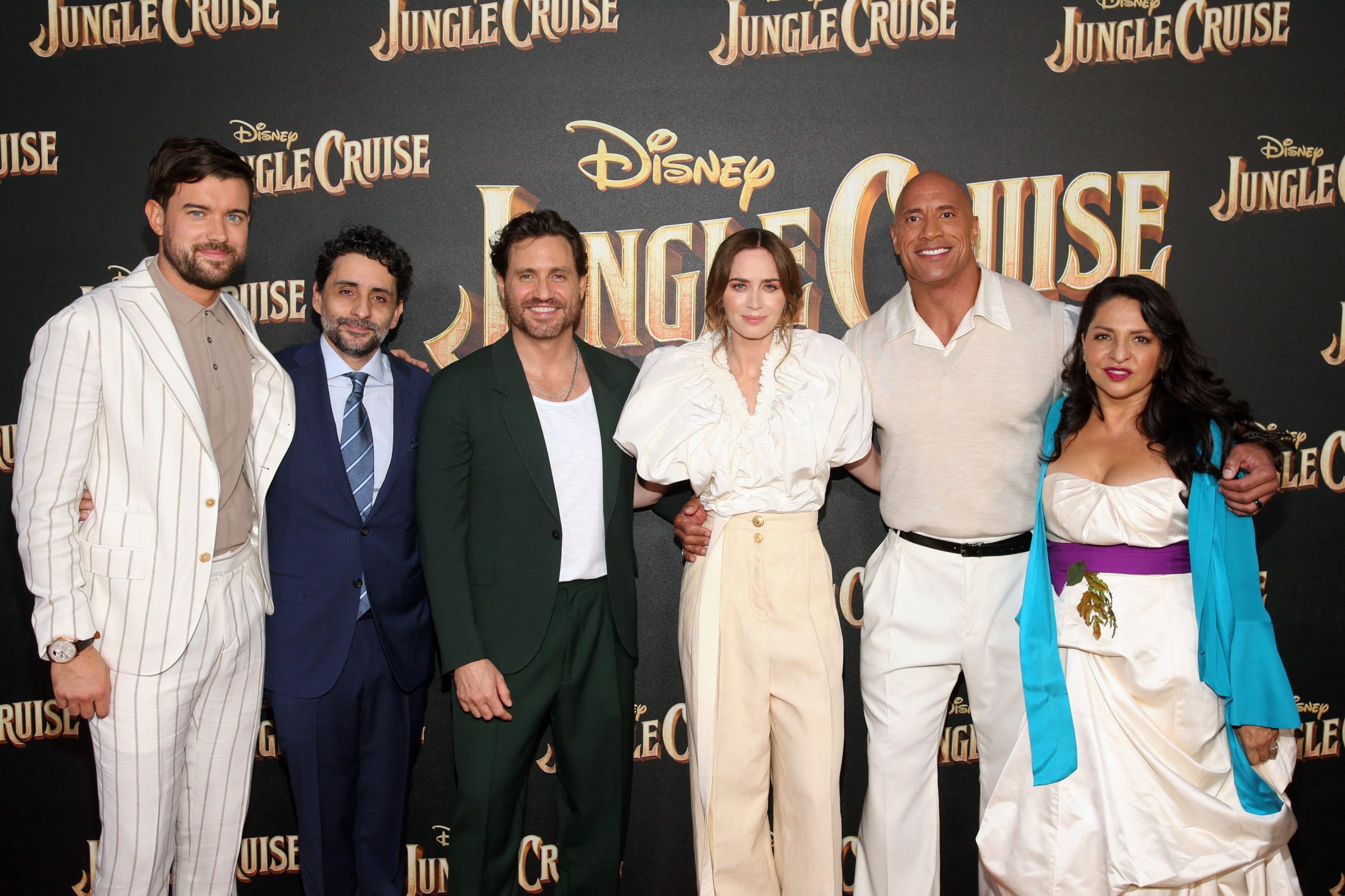 Jack Whitehall, Jaume Collet-Serra, Édgar Ramírez, Emily Blunt, Dwayne Johnson, and Veronica Falcón arrive at the world premiere for JUNGLE CRUISE, held at Disneyland in Anaheim, California on July 24, 2021.   