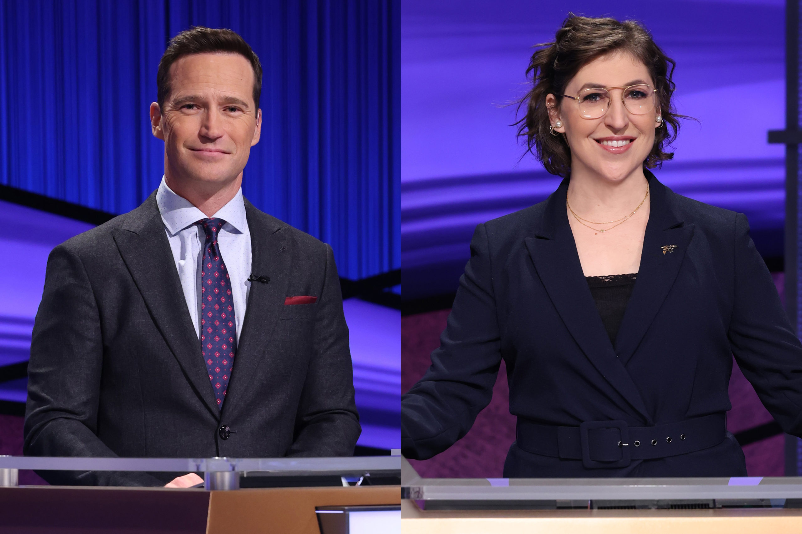 An undated combination photo of new "Jeopardy!" hosts Mike Richards (L) and Mayim Bialik (R). Ca