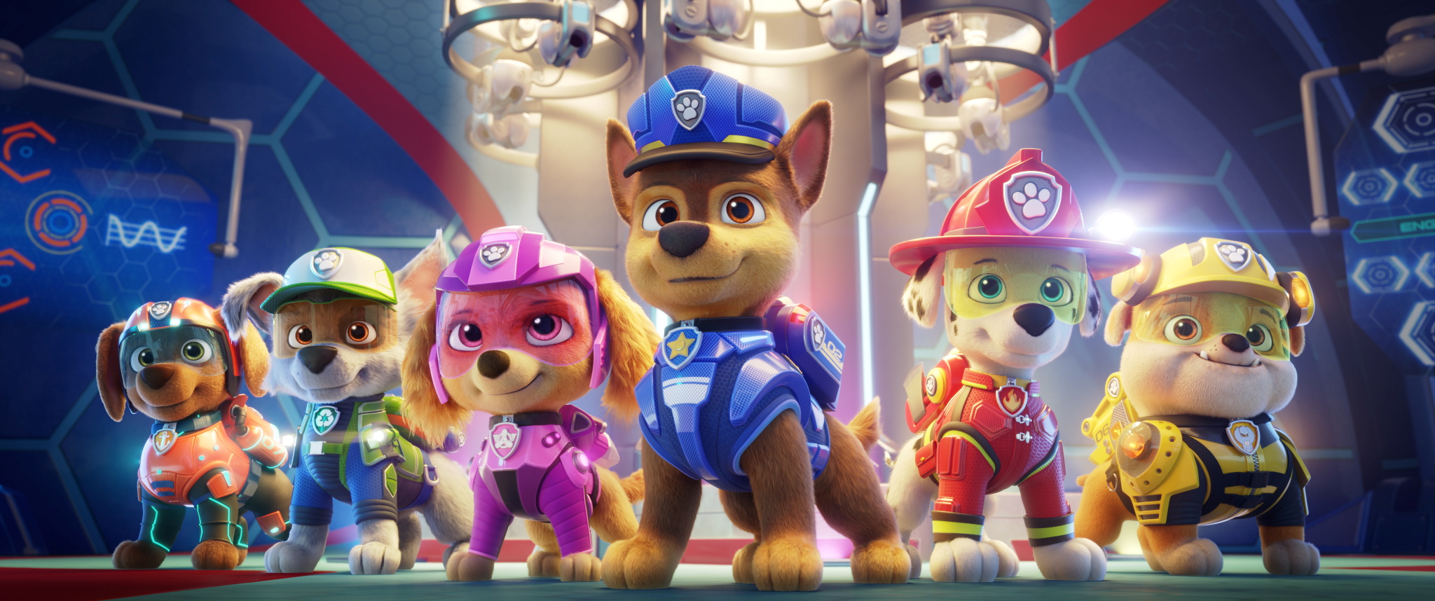Zuma (voiced by Shayle Simons), Rocky (voiced by Callum Shoniker), Skye (voiced by Lilly Bartlam), Chase (voiced by Iain Armitage), Marshall (voiced by Kingsley Marshall), and Rubble (voiced by Keegan Hedley) in PAW PAT