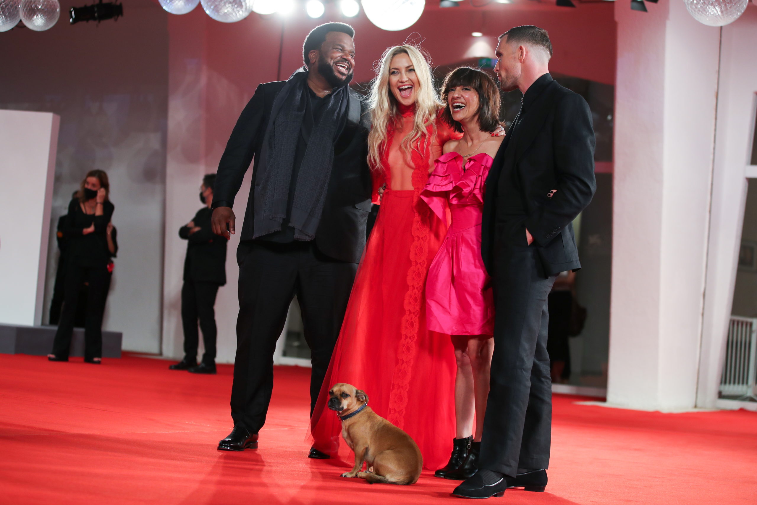 The 78th Venice Film Festival - Screening of the film "Mona Lisa and the Blood Moon" - Red carpet arrivals - Venice, Italy, September 5, 2021 - Actors Ed Skrein, Kate Hudson and Craig Robinson and director Ana Lily Amirpour pose with her dog Benny. 