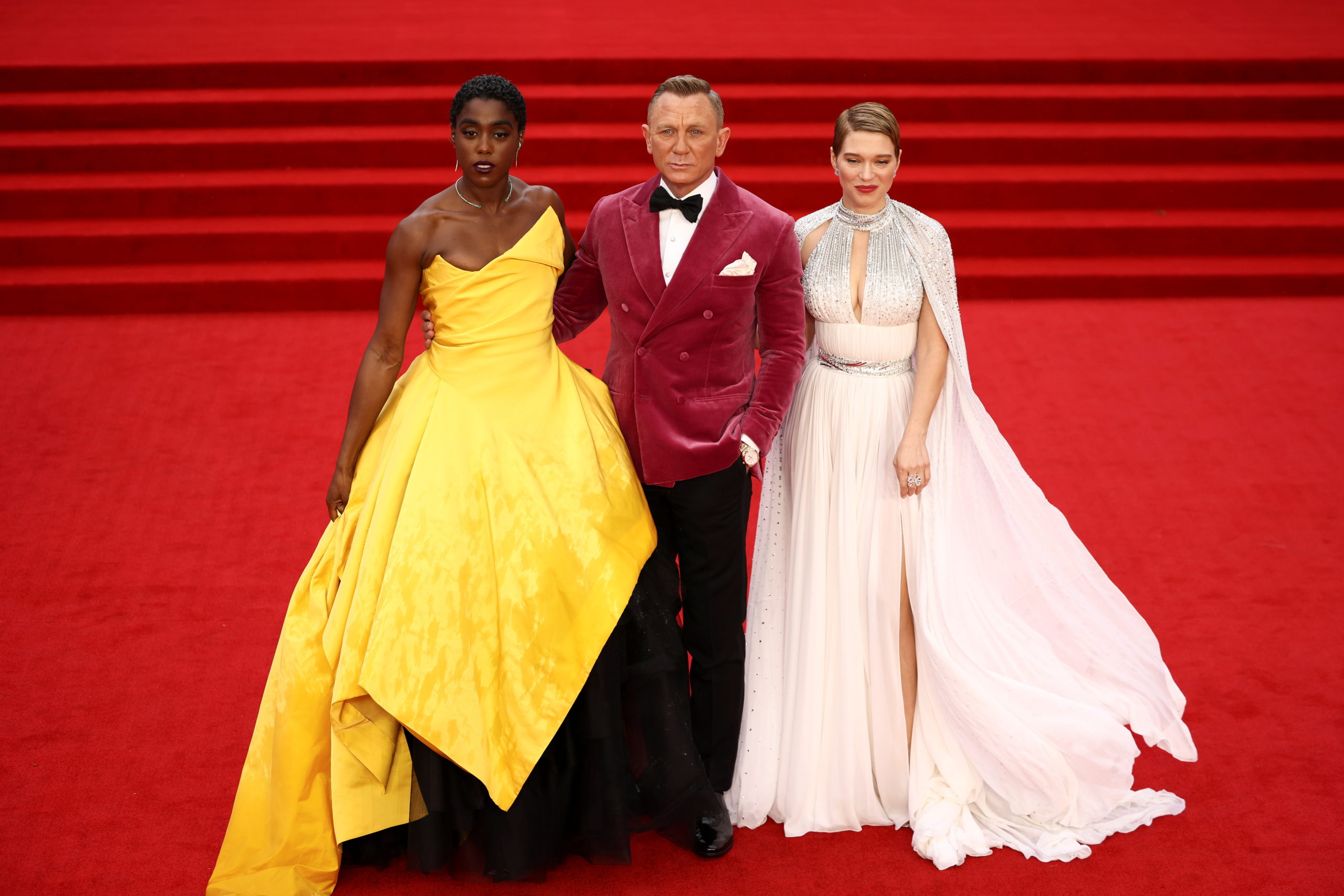 Lashana Lynch, Daniel Craig and Lea Seydoux pose during the world premiere of the new James Bond film "No Time To Die" at the Royal Albert Hall in London, Britain
