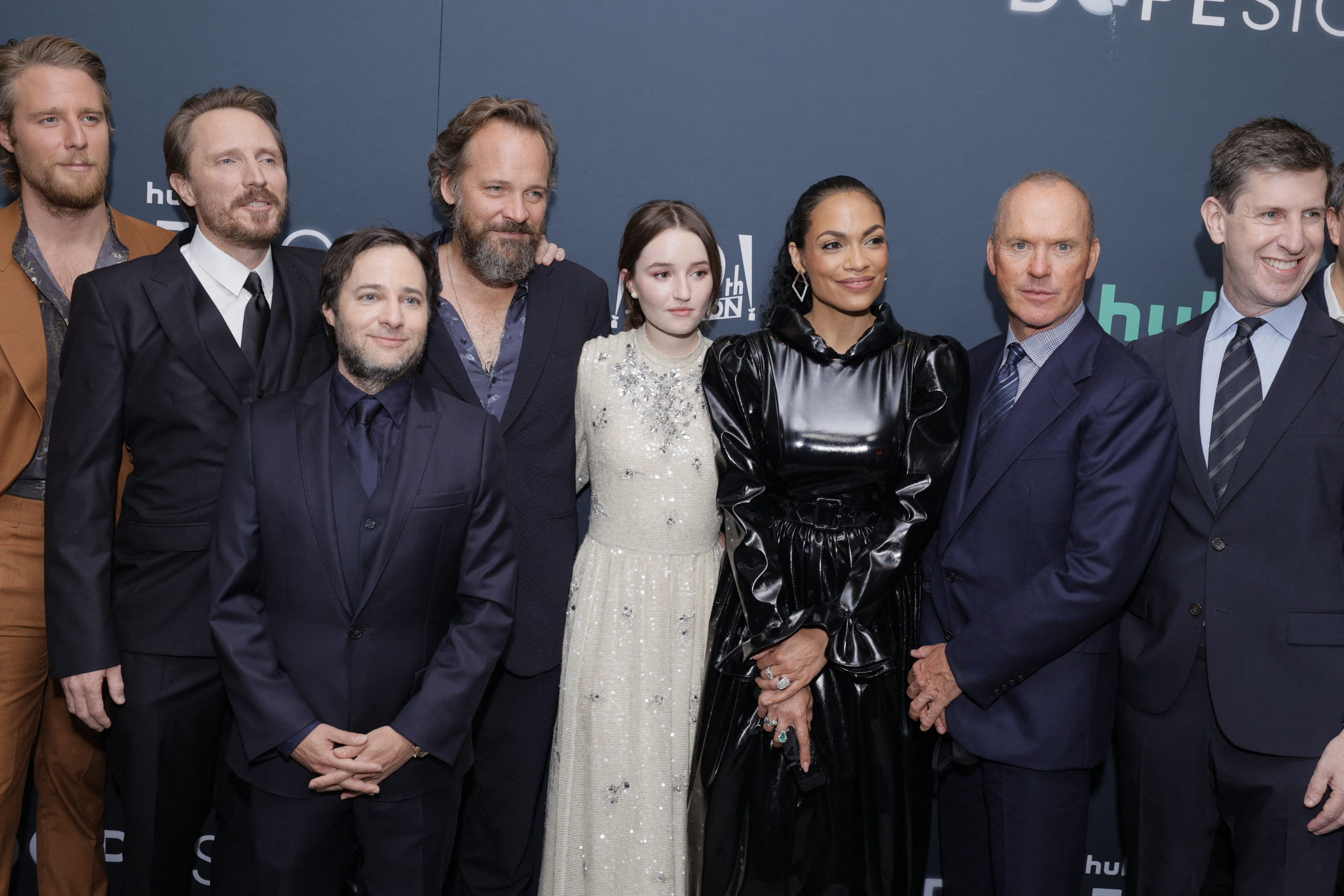 Jake McDorman, John Hoogenakker, Danny Strong, Peter Sarsgaard, Kaitlyn Dever, Rosario Dawson, Michael Keaton and Craig Erwich attend the premiere for Hulu's "Dopesick" at Museum of Modern Art on October 04, 2021 in New York City.   Michael Loccisano/Getty Images/AFP (Photo by Michael loccisano / GETTY IMAGES NORTH AMERICA / Getty Images via AFP)
