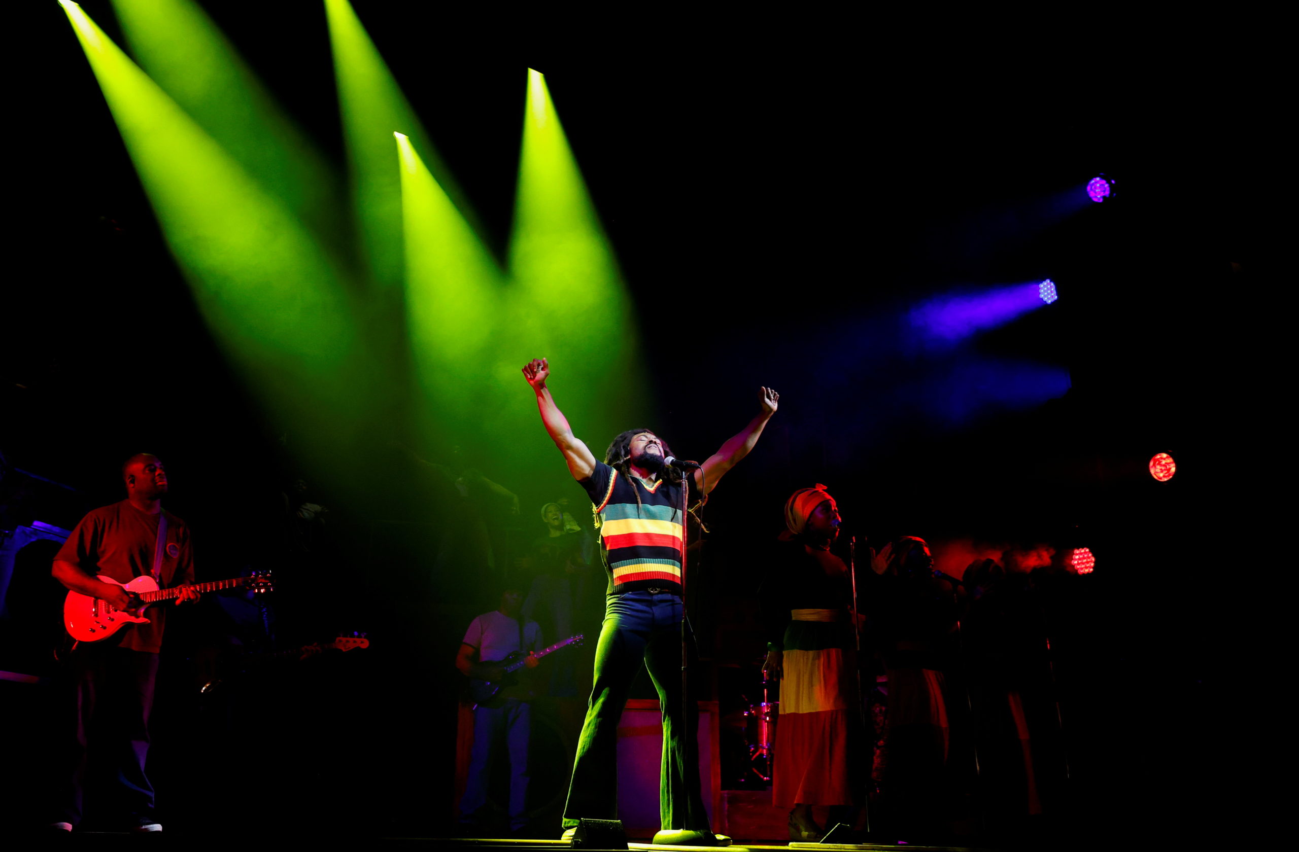 Arinze Kene performs as Bob Marley during a press preview for "Get Up, Stand Up! The Bob Marley Musical," at the Lyric Theatre, in London, Britain October 14, 2021. REUTERS/John Sibley 