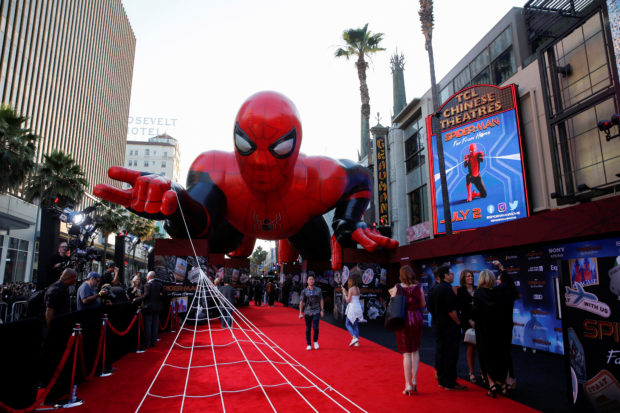 A giant spider-man balloon is seen above the red carpet along a closed Hollywood Blvd. outside the TCL Chinese Theatre for the World Premiere of Marvel Studios' "Spider-man: Far From Home" in Los Angeles